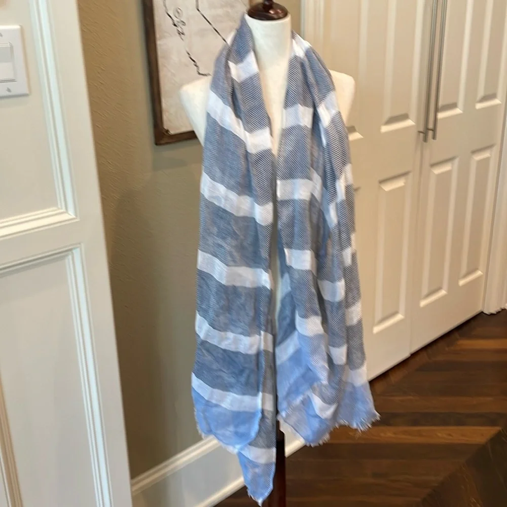 Blue and White Striped Eyelash Trim Oversized Scarf